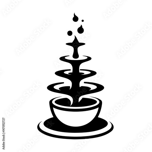 Black silhouette tree with leaves on a round base  Chocolate fountain in minimalist style with black colors for dessert presentation