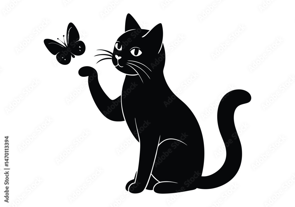 Fototapeta premium Cat Swiping Paw At Butterfly Silhouette