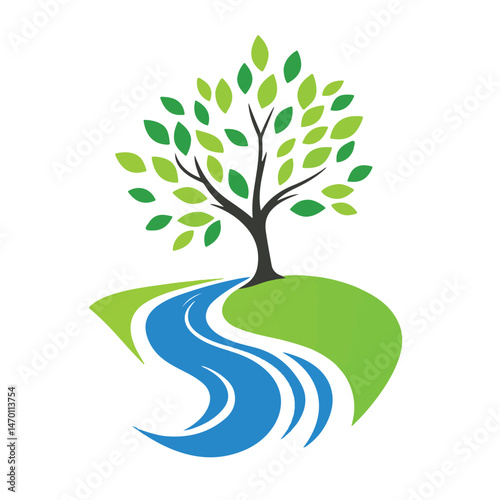 Green Tree With River Logo Design For Nature Conservation And Environmental Awareness Initiatives
