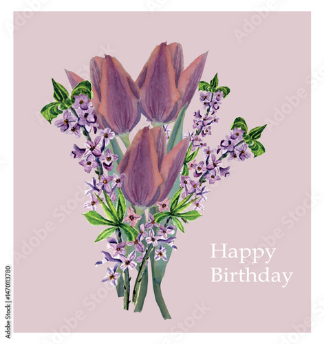 Happy Brthday banner. Tulip and Daphne mezereum bouquet on pink circle stock vector illustration for web, for print, Daphne mezereum, February Daphne, Mezereon, Spurge Laurel