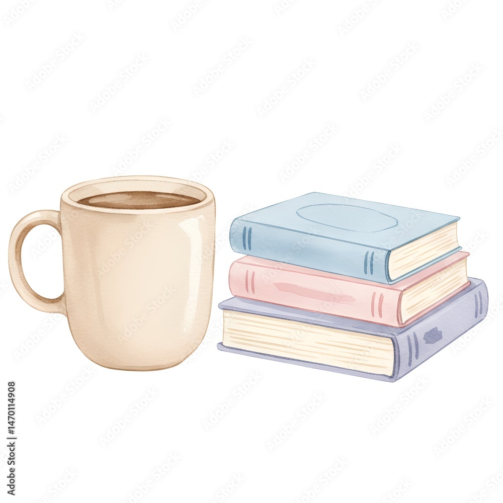 Naklejka premium Pastel Watercolor Still Life of Books and Coffee Mug