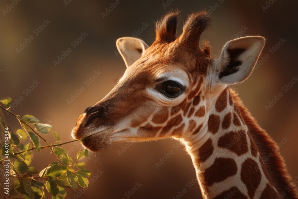 Fototapeta premium Giraffe Portrait Closeup: Gentle Herbivore Eating Green Leaves, Wild African Animal in Natural Habitat, Wildlife Scene