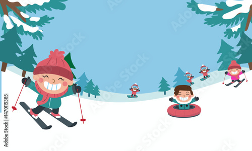 children playing in the snow,Winter sports skating. Skiers and snowboards athletes, mountains ski jumping and freestyle