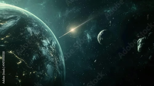 Distant view of planets aligned in cold space field.