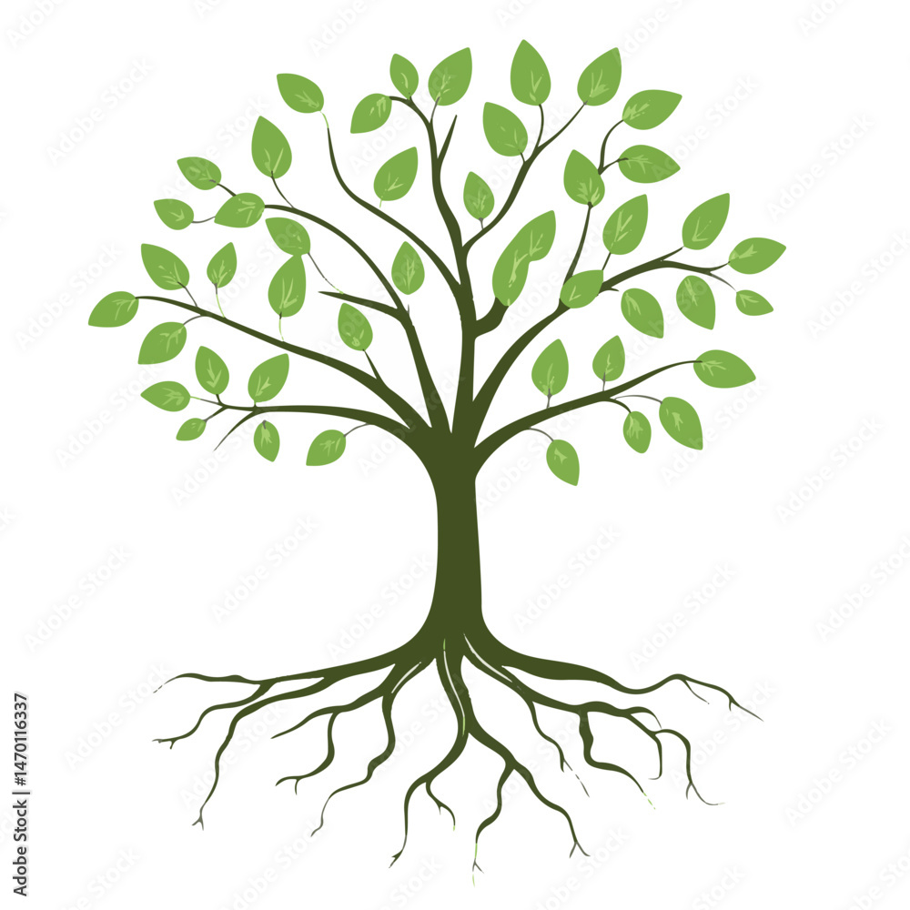 Fototapeta premium Stylized Tree With Roots And Green Leaves Isolated On White Background Vector Illustration Of Growth And Nature