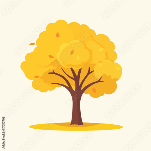 Autumnal Tree With Falling Leaves In Flat Vector Illustration On Light Background