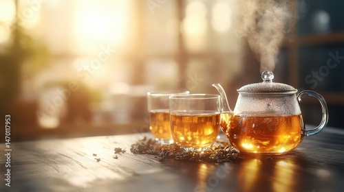 This stunning image captures a clear teapot alongside warm glasses, filled with steaming tea, embodying a moment of conviviality and the rich essence of tea culture.