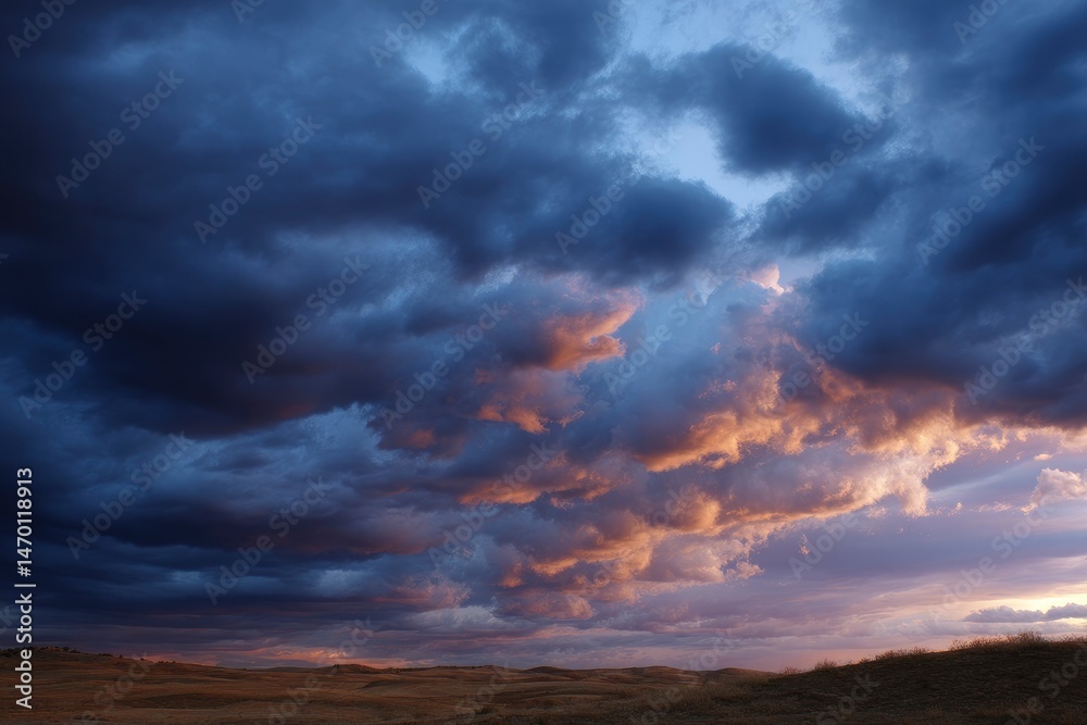 Fototapeta premium Dramatic Prairie Sunset: Dark Clouds and Glowing Hues