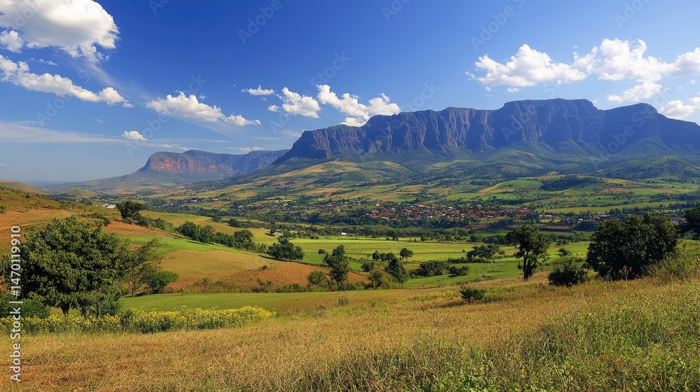 Fototapeta premium A panoramic view of a mountainous landscape featuring rolling hills and steep cliffs under a partly cloudy sky.