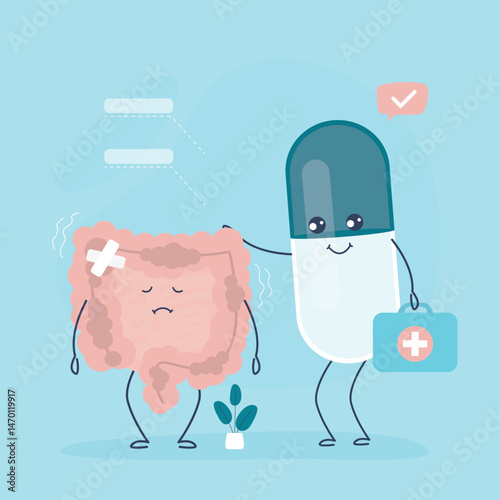 Sad suffering sick human intestines, internal organ asks for help. Gastroenterologist doctor and hurt intestines character with bandage. Sad and sick part of belly or human organ