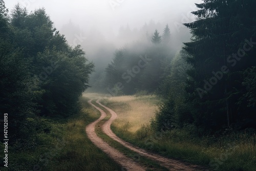 Misty forest path photo