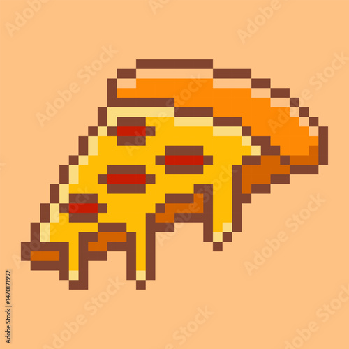 A slice of retro pixel art pizza. Rendered in a classic 8-bit style, it features delicious pepperoni toppings and dripping cheese. Isolated on a warm peach background.