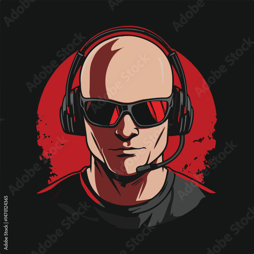 Bald Gamer With Headset And Sunglasses Portrait In Red And Black Comic Style Illustration