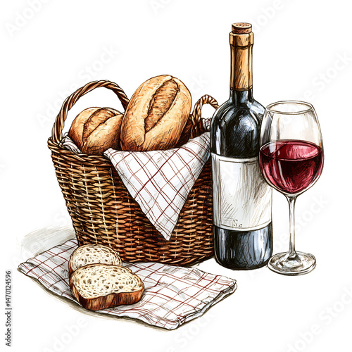 Picnic Essentials Featuring Fresh Bread, a Bottle of Red Wine, and a Glass in a Cozy Setting for Food-Lovers and Culinary Enthusiasts