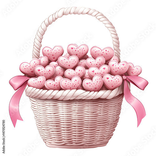 Decorative Basket Filled with Cute Pink Hearts and Ribbon for Celebrating Love, Valentine's Day, Anniversaries, Weddings, and Romantic Occasions
