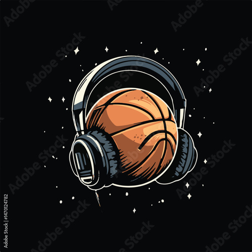 Cartoon Basketball Listening Music With Headphones Isolated On Black Background With Stars Entertainment And Relaxation Concept