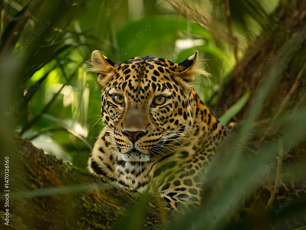 Intense Close-Up of a Jaguar in a Lush Tropical Forest Intense Close-Up of a Jaguar in a Lush Tropical Forest