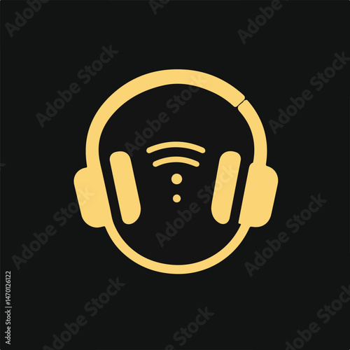 Headphone Audio Signal Icon Vector Graphic In Gold Over Black Background For Music Or Podcast