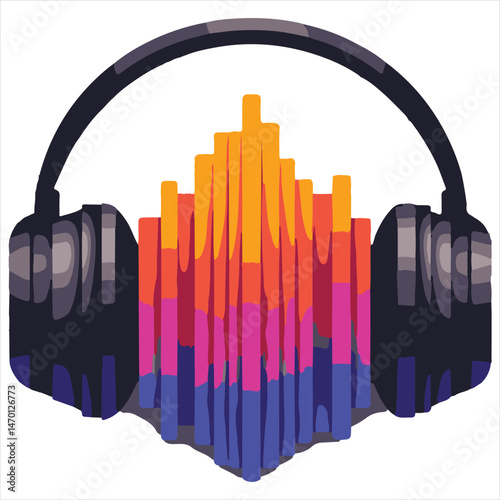 Modern Music Concept With Headphones And Vibrant Sound Wave Graphic For Audio Entertainment And Media Designs
