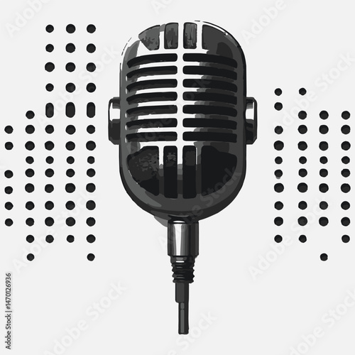Retro Microphone Illustration On White Background With Dark Dots Soundwaves Concept For Radio Or Podcast Recordings
