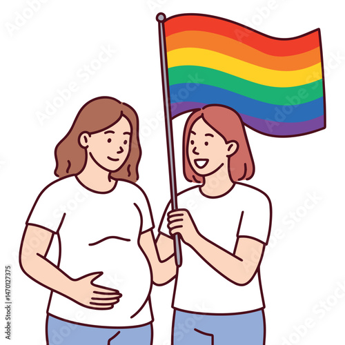 Two smiling women stand together holding a pride flag. One woman is visibly pregnant. LGBTQ couple celebrates love, diversity, and family during Pride Month