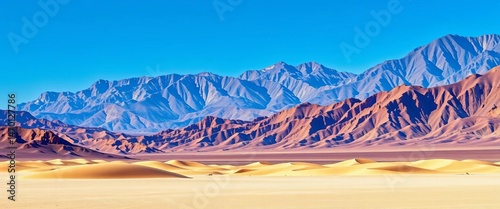 Vast, desolate landscape of Death Valley National Park, sand dunes, and mountains, rocks, hot