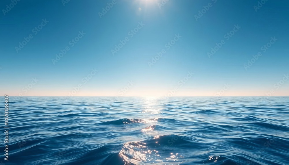 Obraz premium Vast expanse of blue ocean, sun glinting on waves, altitude, viewpoint