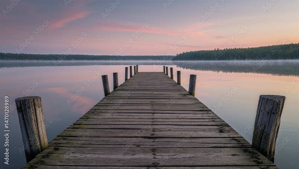 Obraz premium Old wooden pier stretching into still lake under soft pastel dawn sky