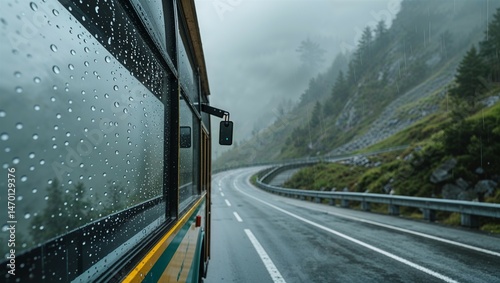 Rain beads on windowpane of bus as it climbs foggy mountain switchback road