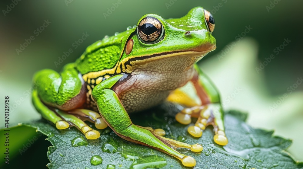 Obraz premium Frog Rain Habitat Concept, Vibrant Green Frog Sitting on Wet Leaf with Raindrops in Natural Habitat
