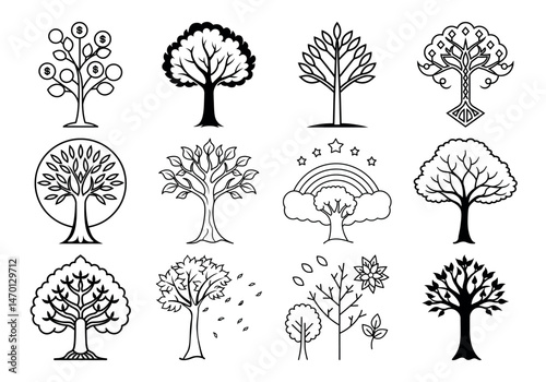 Conceptual Illustration of an Abstract Line Art Tree with Holiday Lights and a Glow Bulb