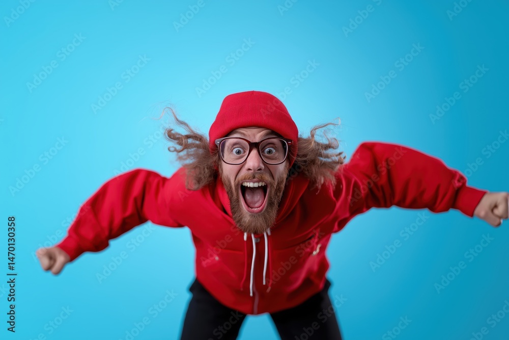 Joyful man expressing happiness in a studio with a vibrant background and plenty of open space for design