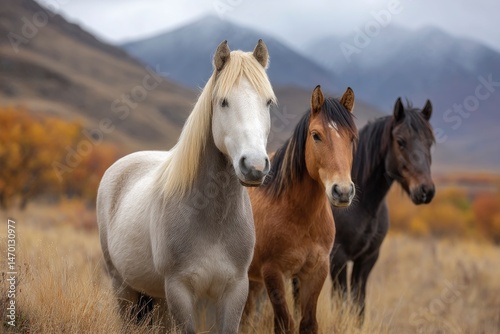Majestic Horses in Autumnal Landscape: A Serene Pastoral Scene