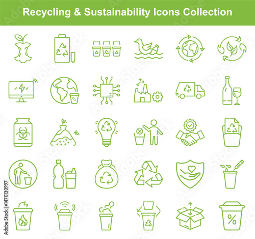 Collection showcases recycling and sustainability icons highlighting waste management and green practices for a better environment