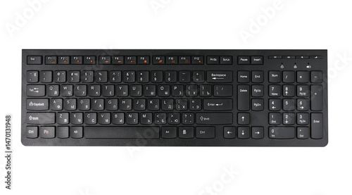 Black computer keyboard with modern layout for typing isolated on white background.