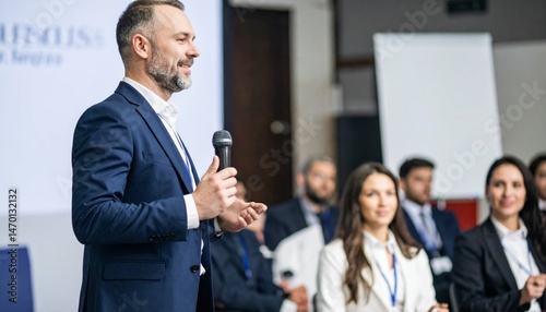 Business professional delivering keynote speech at conference, engaging audience with enthusiasm and inspiration during event