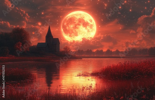 Crimson moon over a tranquil lake,  church silhouette