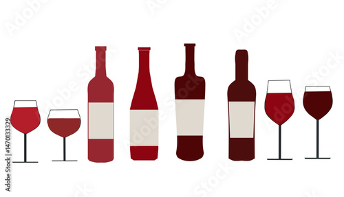  Set of red wine bottle with wine glasses vector icons.  collection of Colorful silhouette of wine bottles and wine glasses