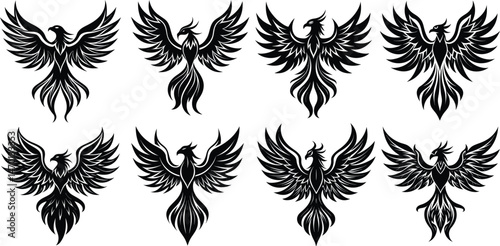 Phoenix Bird Tattoo Set – Mythical Firebird Vector Silhouettes