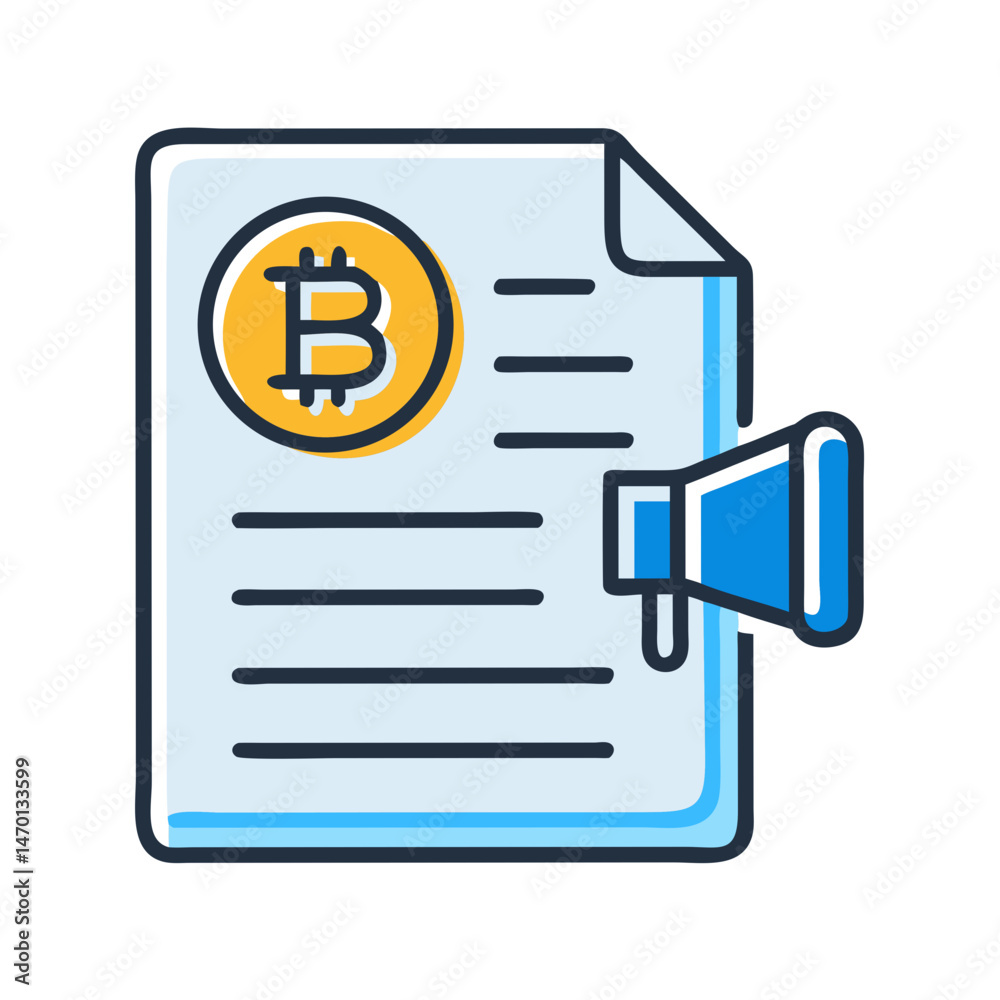 Bitcoin Announcement Document with Speaker Icon Representing Cryptocurrency News and Public Communication Bitcoin Announcement Document with Speaker Icon Representing Cryptocurrency News and Public Communication
