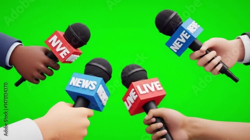 A group of cartoon hands holding microphones with news and live labels on green screen