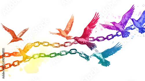 Conceptual imagery of freedom colorful birds breaking chains in abstract expression
