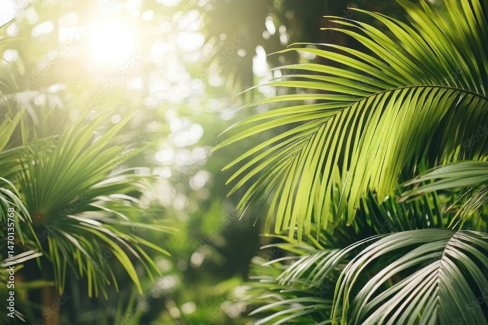 Fototapeta premium Lush tropical foliage, sunlight filtering through