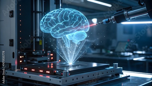 A robotic arm precisely scans a holographic brain, its intricate neural pathways illuminated in vibrant blue, a futuristic glimpse into advanced neurotechnology.