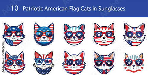 Patriotic American Flag Cats in Sunglasses. 4th of July USA Vector set