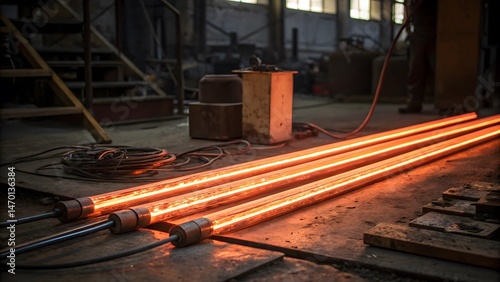 Incandescent metal bars glow intensely, resting on a dark factory floor, illuminated by their own radiant heat, a scene of industrial strength and precision. photo