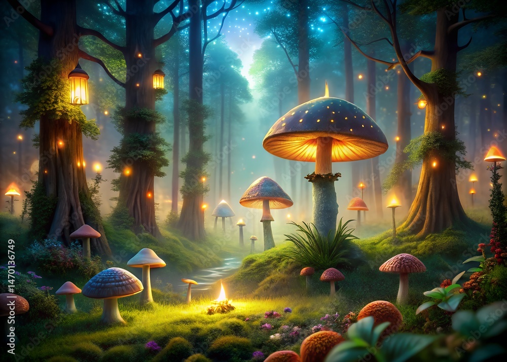 Fototapeta premium Whimsical Fairy Tale Forest Under Starlight