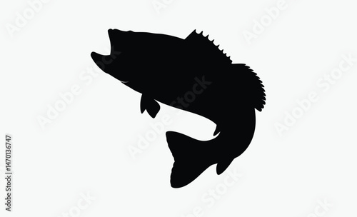 largemouth bass jump, bass fish silhouette, jumping fish vector, bold fish motion, black white bass, leaping fish outline, dynamic fish pose, freshwater fish icon