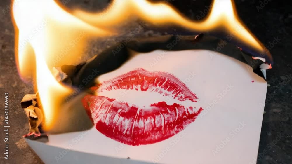 A burning piece of paper with a red lipstick kiss mark, symbolizing passion and destruction A burning piece of paper with a red lipstick kiss mark, symbolizing passion and destruction
