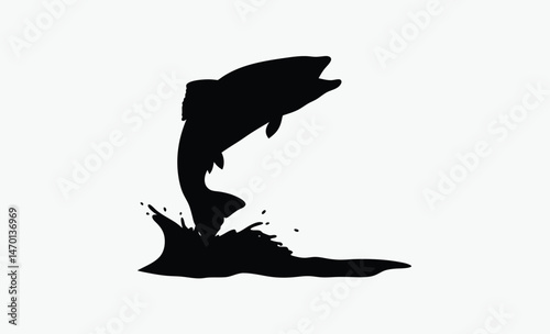 largemouth bass jump, bass fish silhouette, jumping fish vector, bold fish motion, black white bass, leaping fish outline, dynamic fish pose, freshwater fish icon